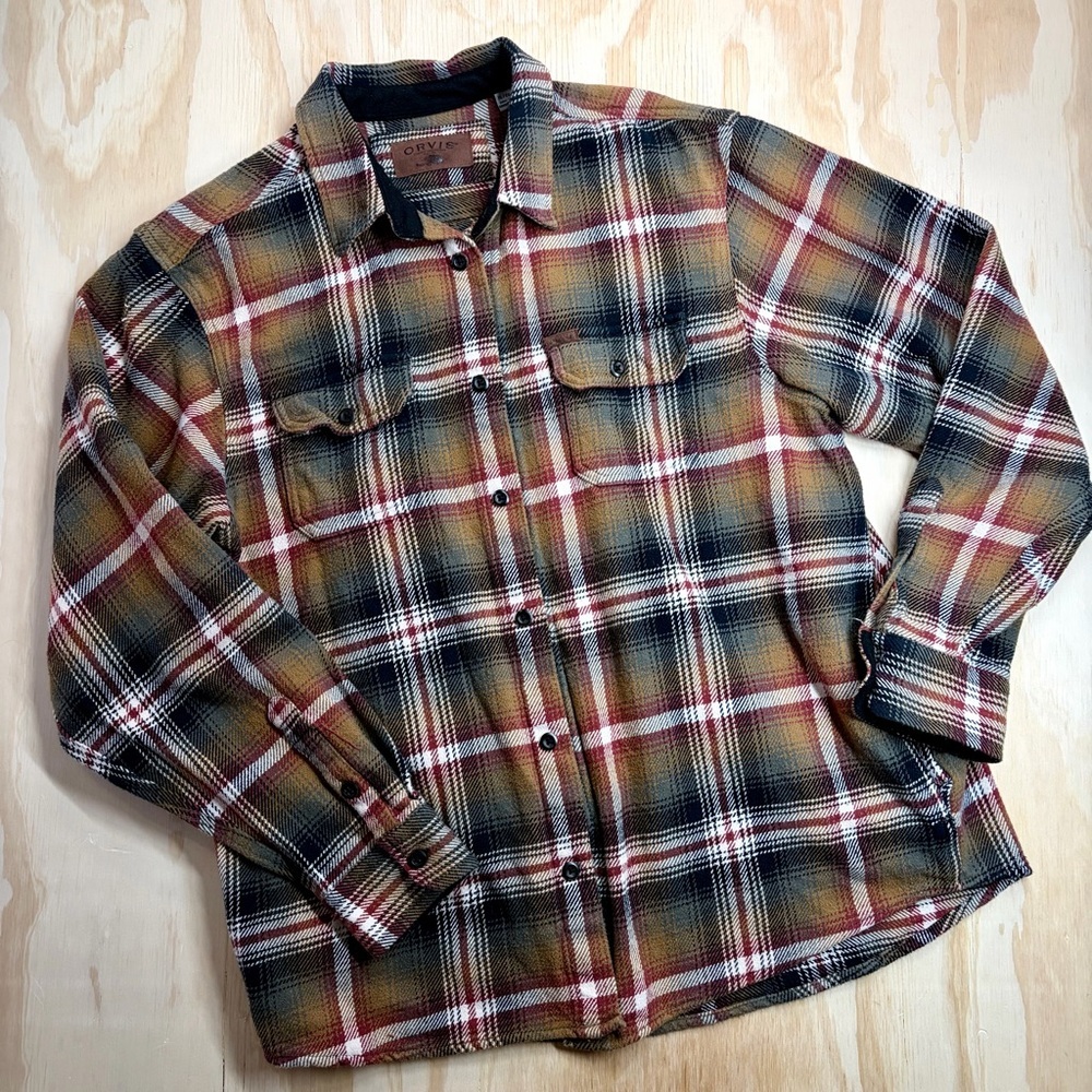 Orvis Plaid Flannel Shirt XL Mustard Olive Burgundy Button Front Cotton